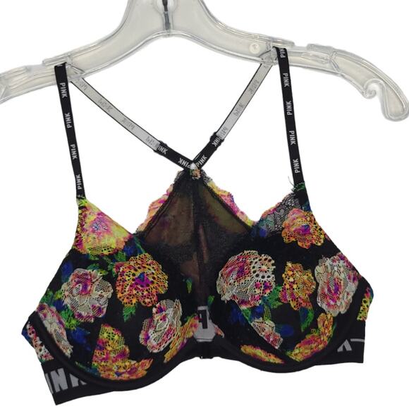 PINK Victoria's Secret Date Push-Up Bra Lace Floral Racerback Front Clasp 32C - Picture 1 of 10
